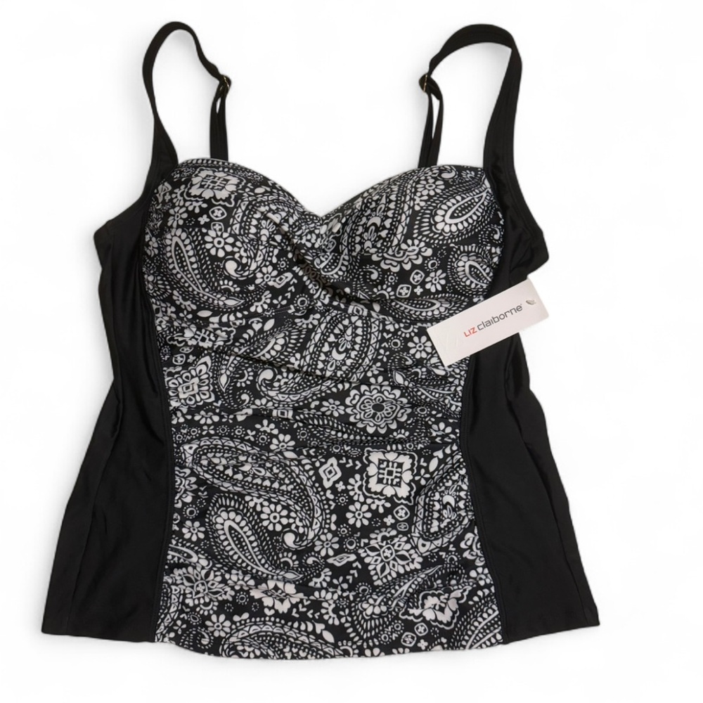 NWT Liz Claiborne Black & White Paisley Swim Tankini Top - Size 14 - Molded Cups